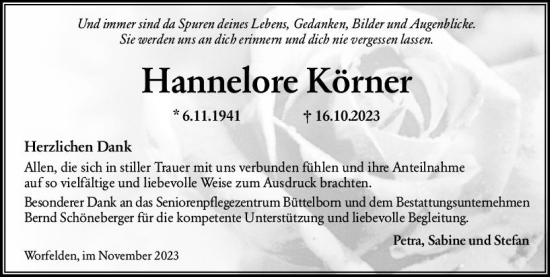 Traueranzeige von Hannelore Körner von Groß-Gerauer Echo
