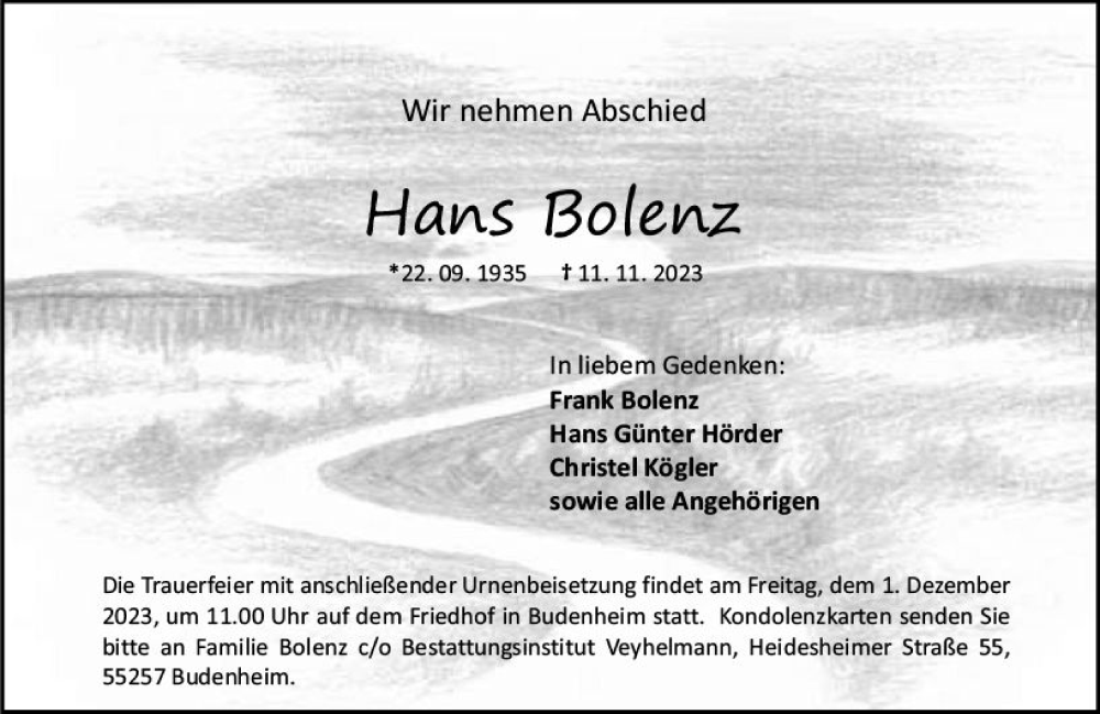  Traueranzeige für Hans Bolenz vom 25.11.2023 aus Allgemeine Zeitung Mainz
