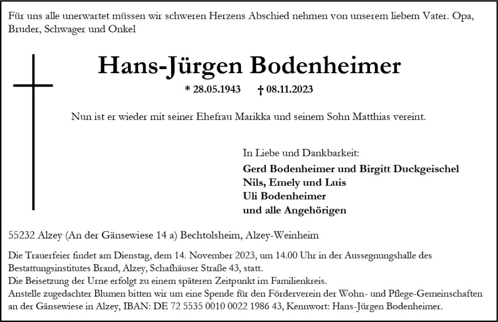 Traueranzeige für Hans-Jürgen Bodenheimer vom 11.11.2023 aus Allgemeine Zeitung Alzey