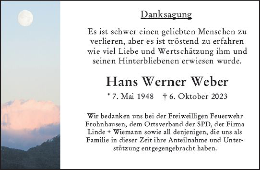  Traueranzeige für Hans Werner Weber vom 28.11.2023 aus Dill Block