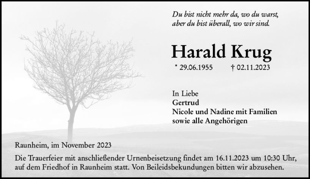  Traueranzeige für Harald Krug vom 11.11.2023 aus Rüsselsheimer Echo