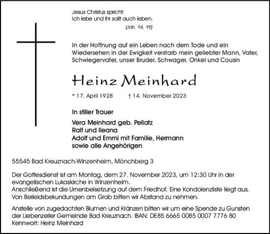 Traueranzeige von Heinz Meinhard von Allgemeine Zeitung Bad Kreuznach
