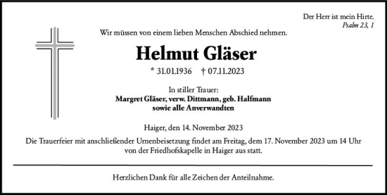 Traueranzeige von Helmut Gläser von Dill Block