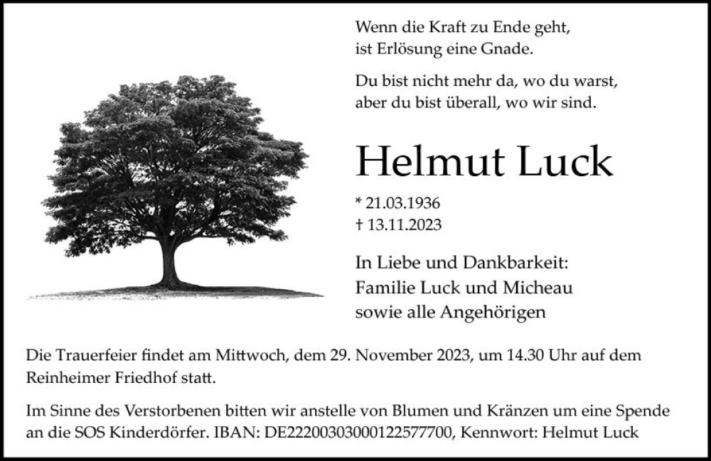  Traueranzeige für Helmut Luck vom 25.11.2023 aus Odenwälder Echo