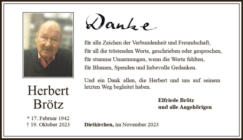  Traueranzeige für Herbert Brötz vom 25.11.2023 aus Nassauische Neue Presse