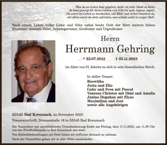 Traueranzeige von Herrmann Gehring von Allgemeine Zeitung Bad Kreuznach