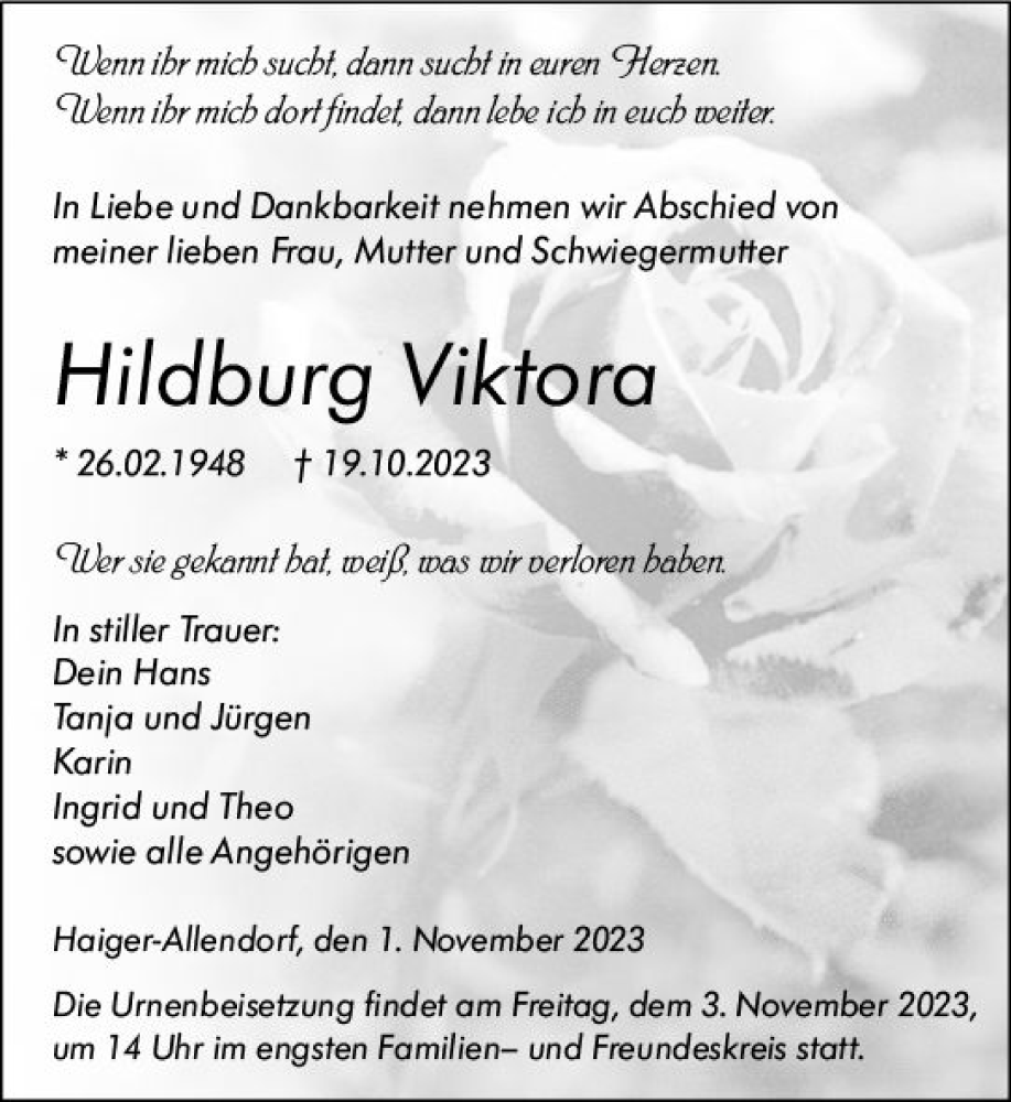  Traueranzeige für Hildburg Viktora vom 01.11.2023 aus Dill Block