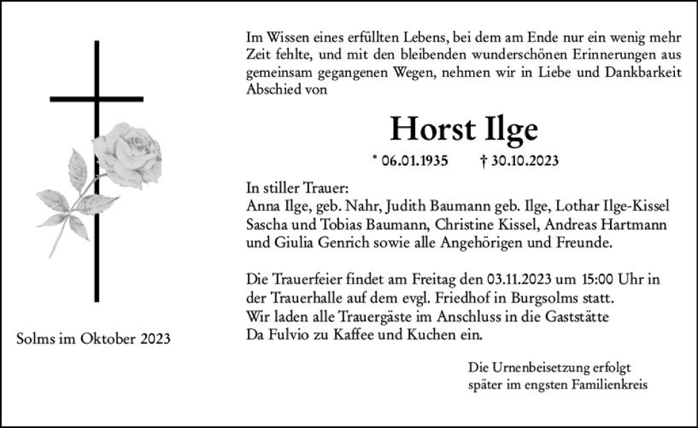  Traueranzeige für Horst Ilge vom 01.11.2023 aus Wetzlarer Neue Zeitung