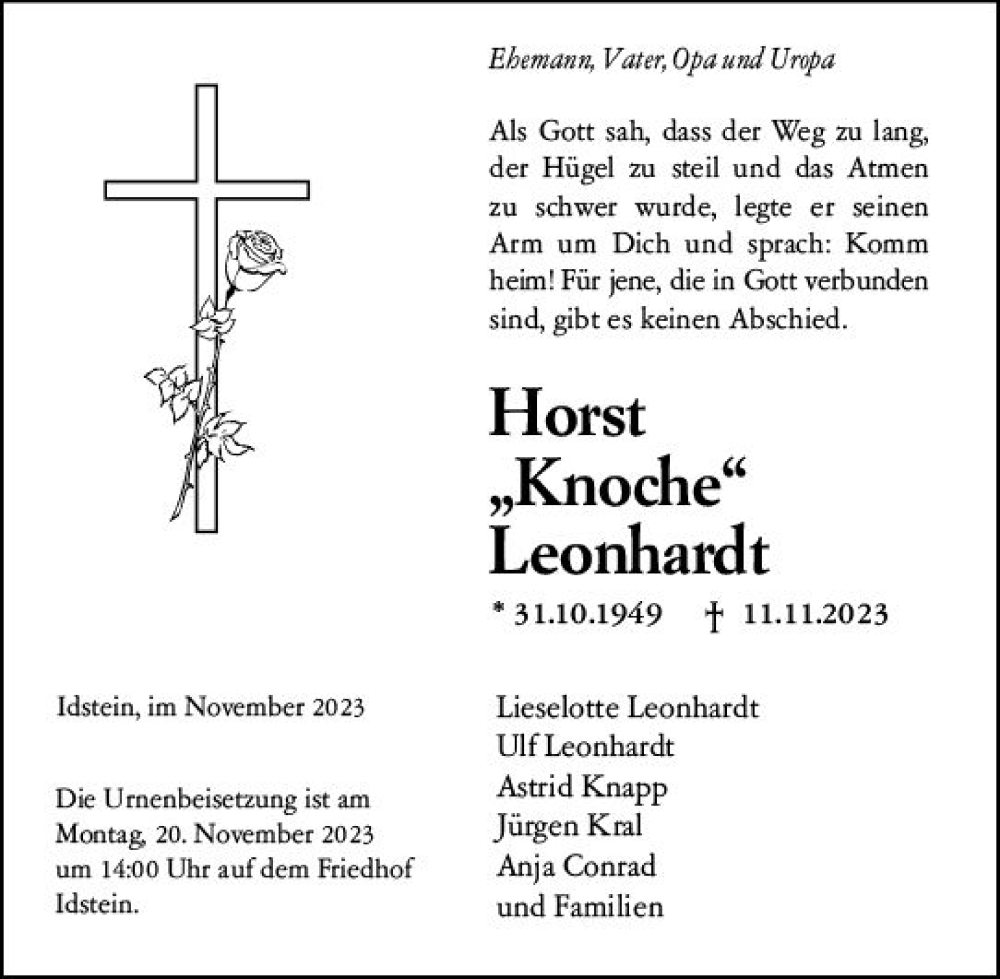  Traueranzeige für Horst Leonhardt vom 18.11.2023 aus Idsteiner Land/Untertaunus