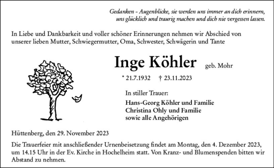 Traueranzeige von Inge Köhler von Wetzlarer Neue Zeitung