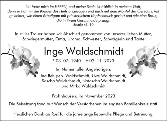Traueranzeige von Inge Waldschmidt von Dill Block