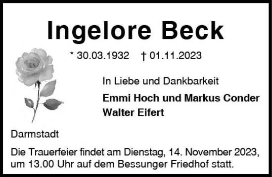 Traueranzeige von Ingelore Beck von Darmstädter Echo