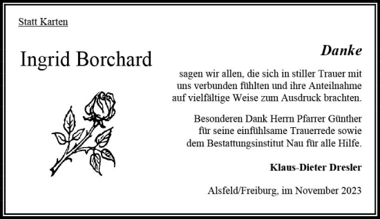 Traueranzeige von Ingrid Borchard von Oberhessen Kurier