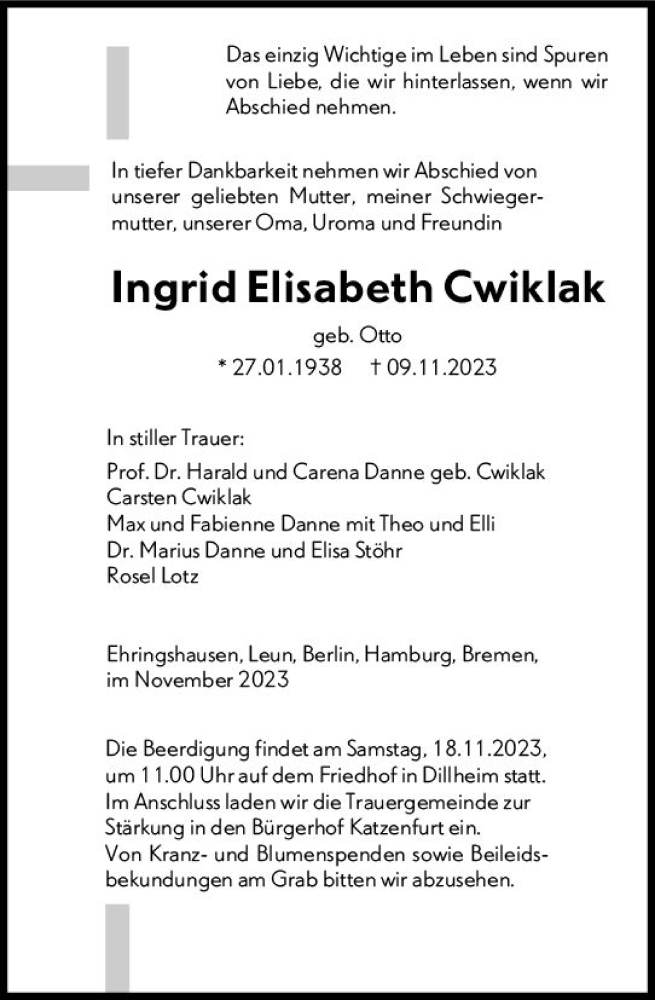  Traueranzeige für Ingrid Elisabeth Cwiklak vom 15.11.2023 aus Wetzlarer Neue Zeitung