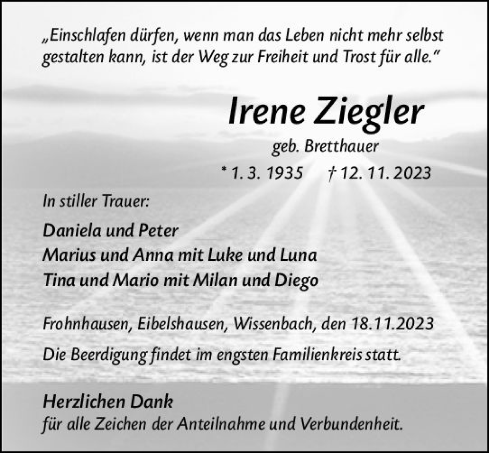  Traueranzeige für Irene Ziegler vom 18.11.2023 aus Dill Block