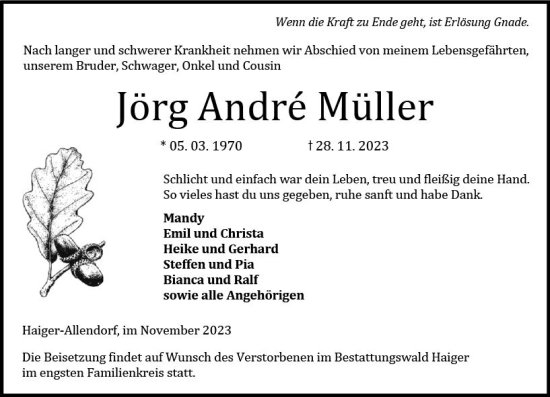 Traueranzeige von Jörg  Andre Müller von Dill Block