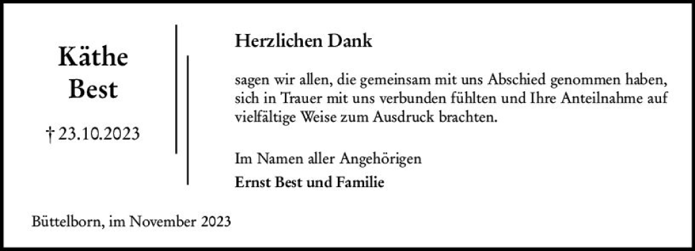  Traueranzeige für Käthe Best vom 18.11.2023 aus Groß-Gerauer Echo