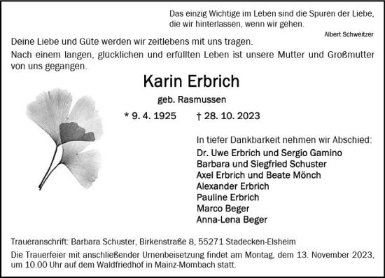 Traueranzeige von Karin Erbrich von Allgemeine Zeitung Alzey