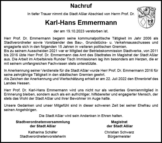 Traueranzeige von Karl-Hans Emmermann von Wetzlarer Neue Zeitung