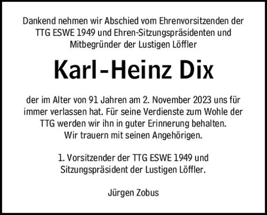 Traueranzeige von Karl-Heinz Dix von Wiesbadener Kurier