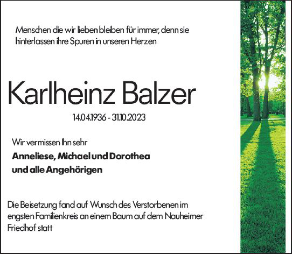  Traueranzeige für Karlheinz Balzer vom 23.11.2023 aus Rüsselsheimer Echo
