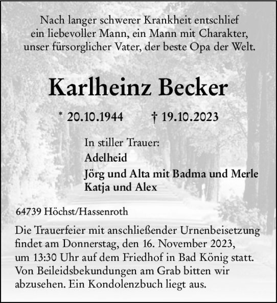  Traueranzeige für Karlheinz Becker vom 11.11.2023 aus Odenwälder Echo