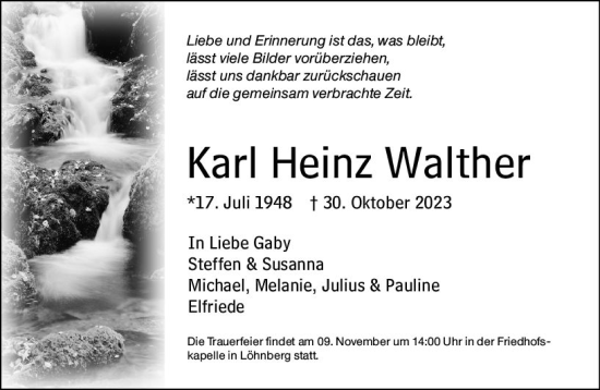 Traueranzeige von Karl Heinz Walther von Weilburger Tageblatt