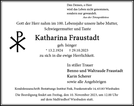 Traueranzeige von Katharina Fraustadt von Wiesbadener Kurier