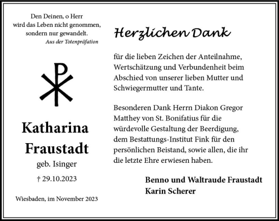 Traueranzeige von Katharina Fraustadt von Wiesbadener Kurier