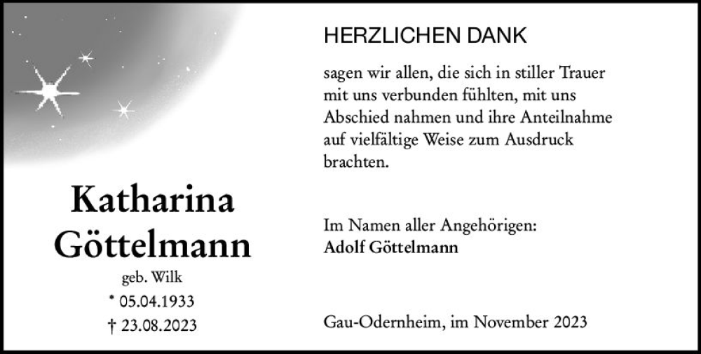 Traueranzeige für Katharina Göttelmann vom 11.11.2023 aus Allgemeine Zeitung Alzey