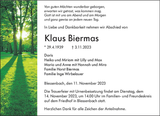 Traueranzeige von Klaus Biermas von Weilburger Tageblatt