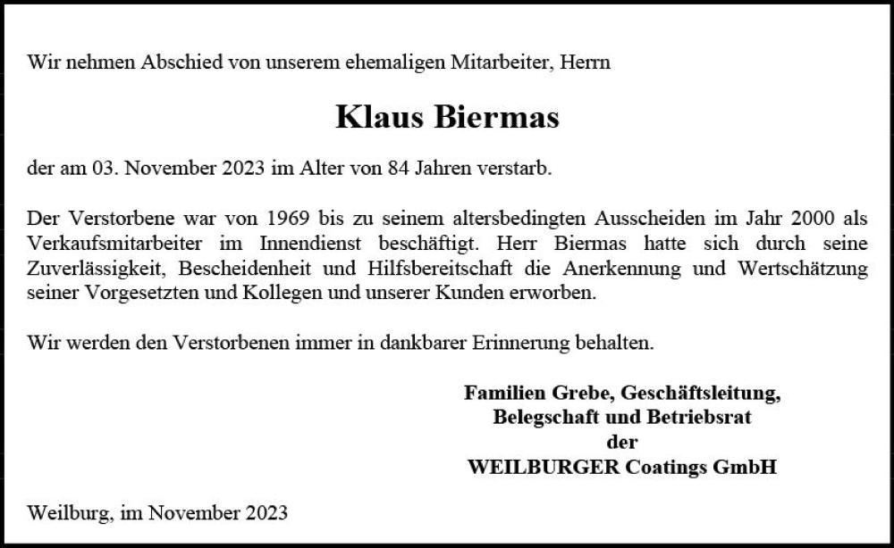  Traueranzeige für Klaus Biermas vom 21.11.2023 aus Weilburger Tageblatt