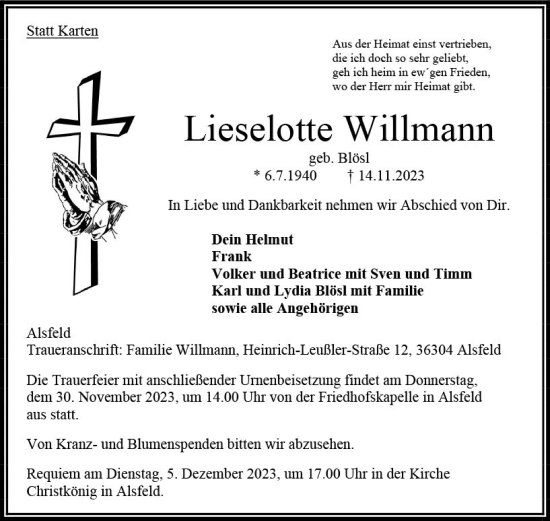 Traueranzeige von Lieselotte Willmann von VRM Trauer