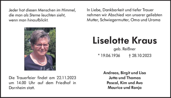 Traueranzeige von Liselotte Kraus von Groß-Gerauer Echo