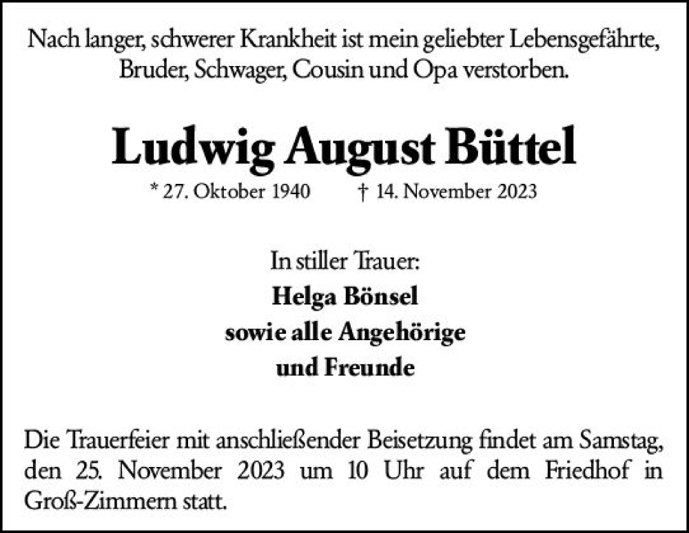  Traueranzeige für Ludwig August Büttel vom 18.11.2023 aus Darmstädter Echo