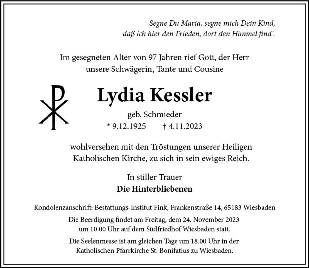  Traueranzeige für Lydia Kessler vom 11.11.2023 aus Wiesbadener Kurier