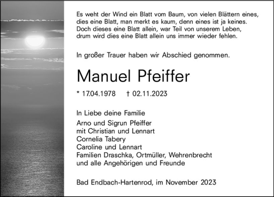 Traueranzeige von Manuel Pfeiffer von Hinterländer Anzeiger