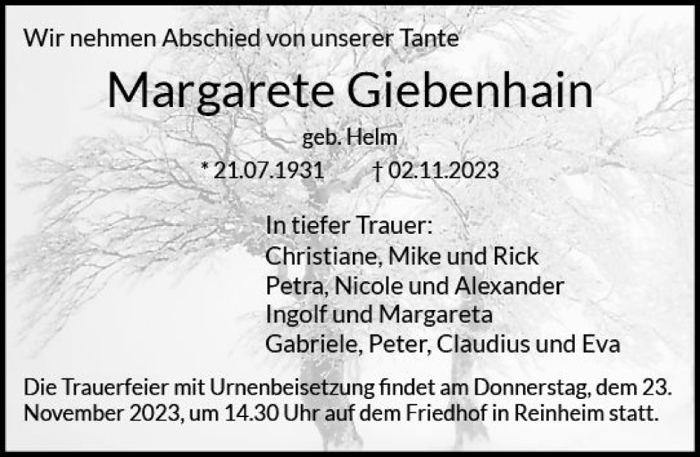 Traueranzeige für Margarete Gebenhain vom 18.11.2023 aus Darmstädter Echo