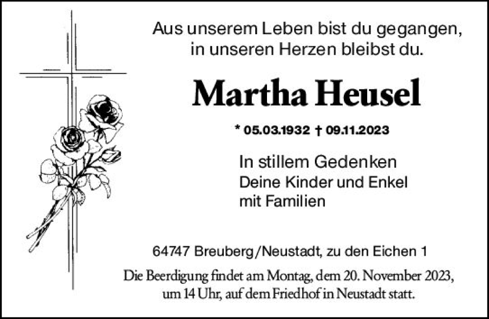  Traueranzeige für Martha Heusel vom 18.11.2023 aus Odenwälder Echo