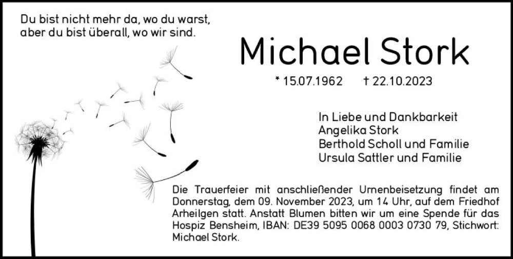  Traueranzeige für Michael Stork vom 04.11.2023 aus Darmstädter Echo