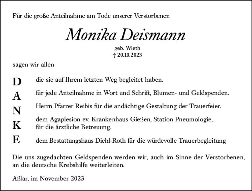  Traueranzeige für Monika Deismann vom 25.11.2023 aus Wetzlarer Neue Zeitung