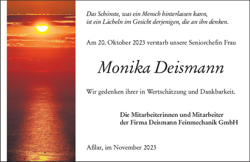  Traueranzeige für Monika Deismann vom 18.11.2023 aus Wetzlarer Neue Zeitung