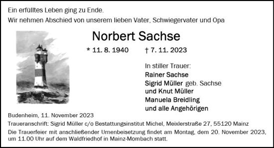 Traueranzeige von Norbert Sachse von Allgemeine Zeitung Mainz