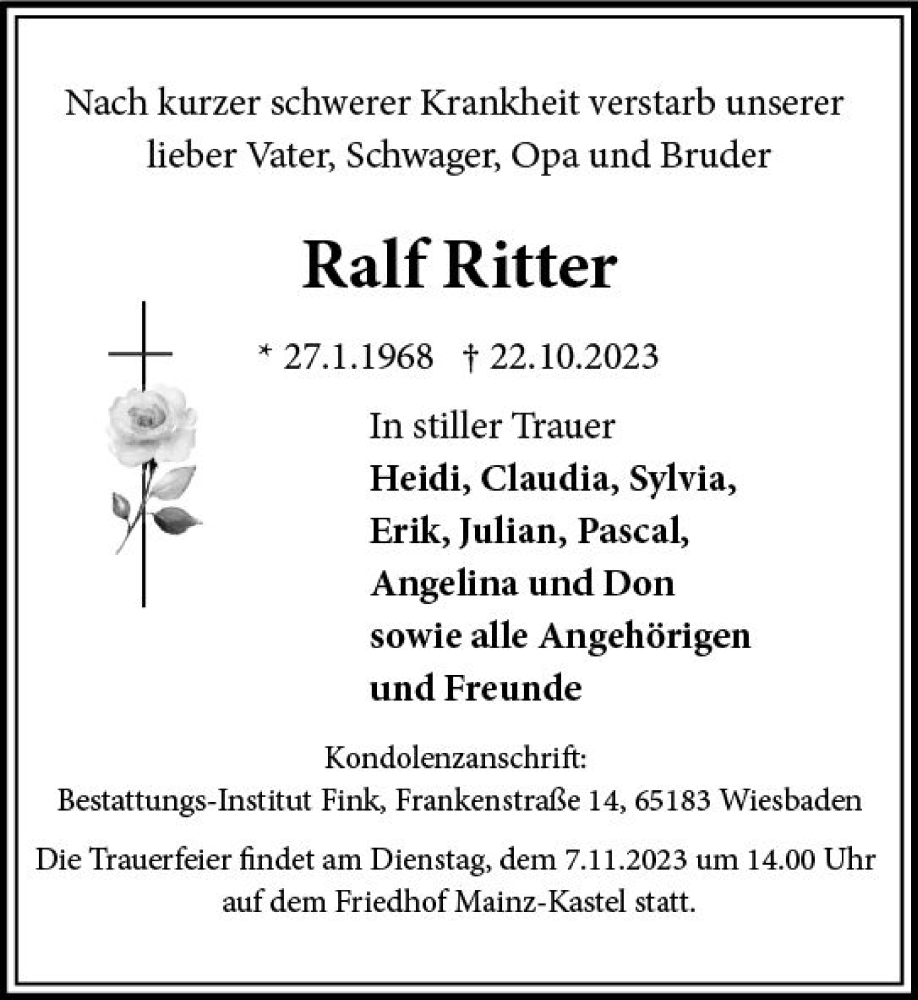  Traueranzeige für Ralf Ritter vom 04.11.2023 aus Wiesbadener Kurier