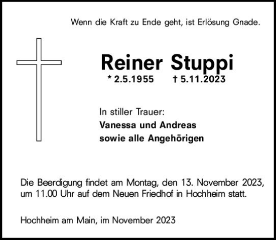 Traueranzeige von Reiner Stuppi von Hochheimer Zeitung