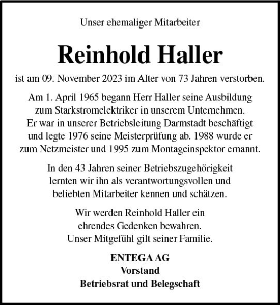 Traueranzeige von Reinhold Haller von Odenwälder Echo