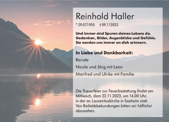 Traueranzeige von Reinhold Haller von Darmstädter Echo