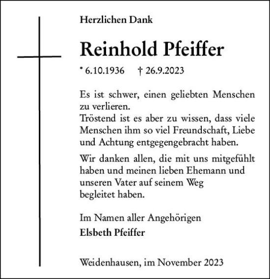 Traueranzeige von Reinhold Pfeiffer von Hinterländer Anzeiger