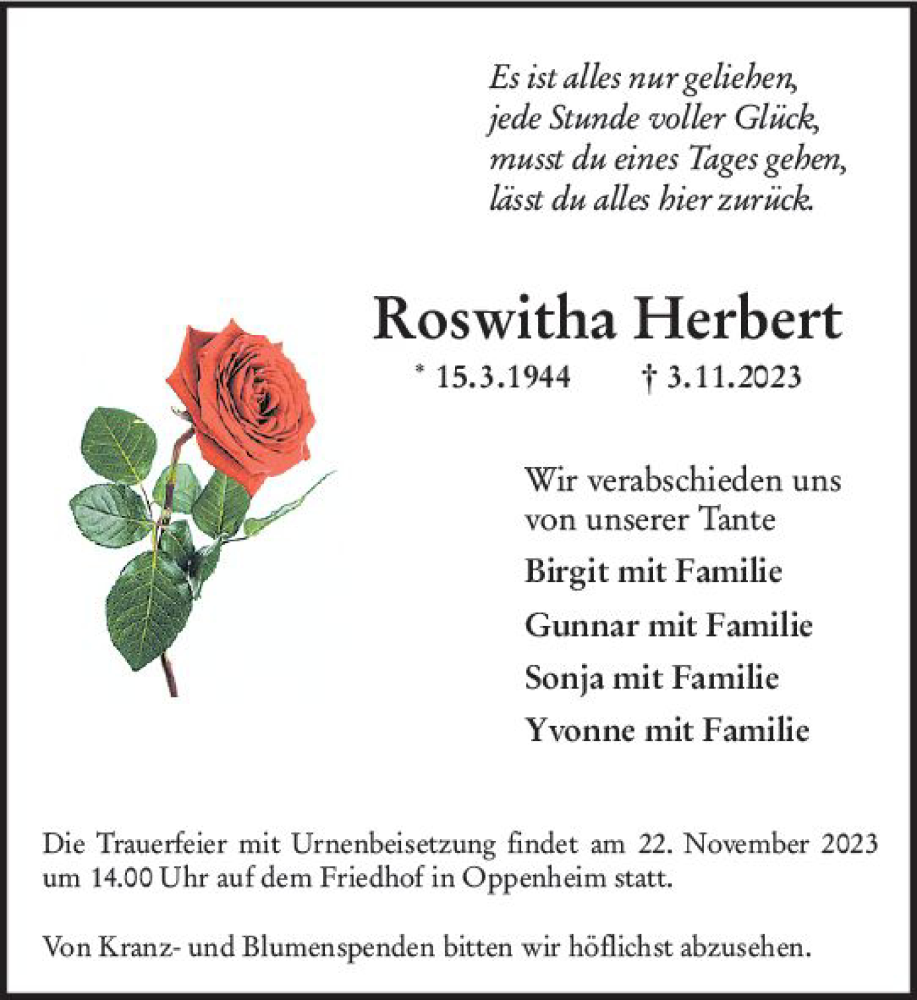  Traueranzeige für Roswitha Herbert vom 18.11.2023 aus Allgemeine Zeitung Mainz