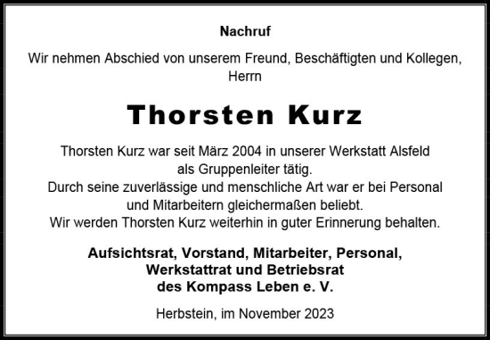 Traueranzeige von Thorsten  Kurz von VRM Trauer